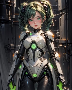 (masterpiece, best quality, volumetric lighting, absurdres, 8k, chiaroscuro lighting, Saturated_colors), (smooth_robot_body, wide_hips, dress, green_neon_trim, 1_girl, sharp, drossel, blush, bright_solid_green_eyes, fantasy), hairbow, ((vibrant_bioluminescent_twintails, efx))
