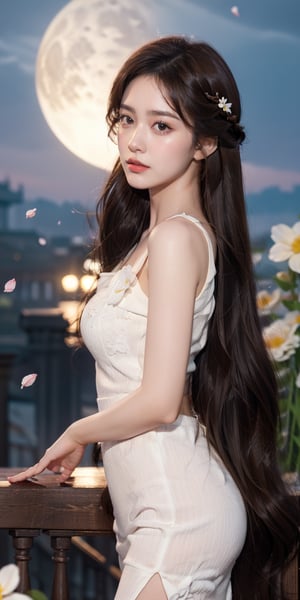 masterpiece, best quality, 1girl, (colorful),(finely detailed beautiful eyes and detailed face),ight brown hair, White lace dress, brown eyes,plaits hairstyle,cinematic lighting,bust shot,extremely detailed CG unity 8k wallpaper,white hair,solo,smile,intricate skirt,((flying petal)),(Flowery meadow) sky, cloudy_sky, building, moonlight, moon, night, (dark theme:1.3), light, fantasy,jisoo,1 girl,Asia,Woman ,z1l4,enhanc3d,yoonss-14