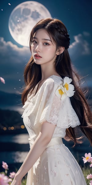 masterpiece, best quality, 1girl, (colorful),(finely detailed beautiful eyes and detailed face),ight brown hair, White lace dress, brown eyes,plaits hairstyle,cinematic lighting,bust shot,extremely detailed CG unity 8k wallpaper,white hair,solo,smile,intricate skirt,((flying petal)),(Flowery meadow) sky, cloudy_sky, building, moonlight, moon, night, (dark theme:1.3), light, fantasy,jisoo,1 girl,Asia,Woman ,z1l4,enhanc3d,yoonss-14