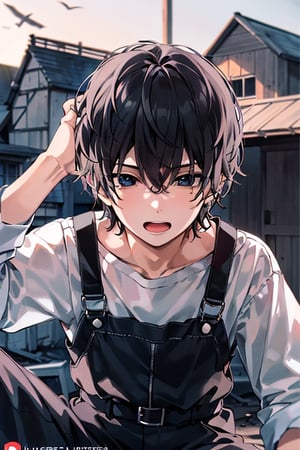 masterpiece, anime style, illustrated logo, medium short shot. emote of a serious boy with bright light blue eyes and black hair falling messily in his face wearing a black overalls, landscape in an abandoned house.