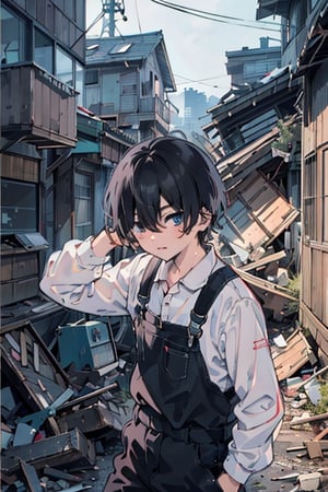 masterpiece, anime style, illustrated logo, medium short shot. emote of a serious boy with bright light blue eyes and black hair falling messily in his face wearing a black overalls, landscape in an abandoned house.,fuyuhiko_nishino,More Detail