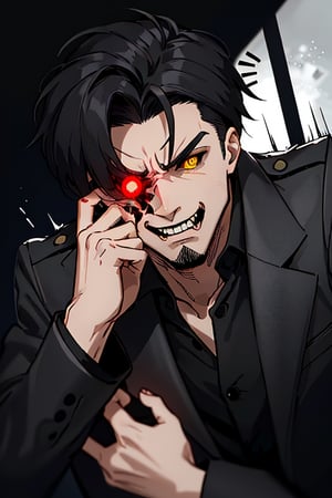 EVIL Toji has black hair that falls messily over his face, creating a striking and sinister image. His eyes are two deep, endless holes, with no trace of humanity in them, except for a small red dot that stands out amidst the darkness. These eyes convey a sense of emptiness and malice, reflecting the essence of his evil nature.

EVIL Toji possesses a magnetic attraction, but his appeal is dark and disturbing. His seductive appearance is mixed with an aura of danger and evil, generating an irresistible and terrifying combination for those who cross his path. He is endowed with inhuman strength and supernatural speed, capable of wreaking havoc with ease.

EVIL Toji is extremely dangerous and shows no mercy to anyone. It is unwise to anger him or stand in his way, as his ruthless nature can have deadly consequences. His voice, deep and full of fear, is capable of sending chills down the spine and causing terror in those who hear it.,Completely_black_eyes,gek