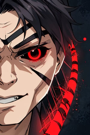 EVIL Toji has black hair that falls messily over his face, creating a striking and sinister image. His eyes are two deep, endless holes, with no trace of humanity in them, except for a small red dot that stands out amidst the darkness. These eyes convey a sense of emptiness and malice, reflecting the essence of his evil nature.

EVIL Toji possesses a magnetic attraction, but his appeal is dark and disturbing. His seductive appearance is mixed with an aura of danger and evil, generating an irresistible and terrifying combination for those who cross his path. He is endowed with inhuman strength and supernatural speed, capable of wreaking havoc with ease.

EVIL Toji is extremely dangerous and shows no mercy to anyone. It is unwise to anger him or stand in his way, as his ruthless nature can have deadly consequences. His voice, deep and full of fear, is capable of sending chills down the spine and causing terror in those who hear it.,Completely_black_eyes,gek