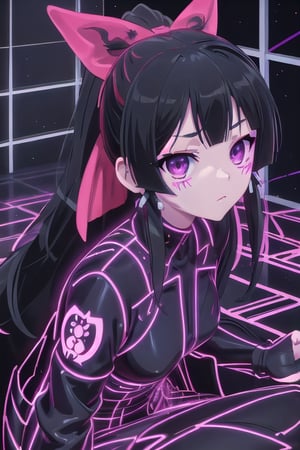 anime Style,1 girl, sitting, looking at viewer, long black hair, purple eyes, background highlighting bright neon blue and red backlight colors, highly detailed, ct-identity, legacy tron ​​style, bright style, Midjourney_Whisper, TattooMale, uvtattoo, FluxGothicRealnime, colorful lights, neon lights, bright eyes, 4k, masterpiece