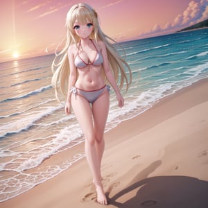 Masterpiece. UHD, 8K, anime style, Yumina, a beautiful girl with long, flowing platinum blonde hair, walking along the beach at sunset. Her mismatched eyes—one a brilliant blue, the other a striking green—reflect the warm, golden glow of the setting sun. She’s wearing a delicate bikini that contrasts against her fair skin, her hair gently swaying in the sea breeze. The soft light of the evening bathes the scene in warm hues, and the calm ocean waves touch her feet, leaving behind footprints in the wet sand.,(masterpiece),scenery