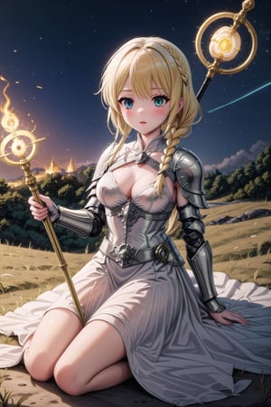 Yumina in a medieval battlefield, dressed in a silver and white armored outfit. She holds a glowing staff in one hand, her blonde hair braided and tied back with a light blue ribbon. Her heterochromic eyes (one blue, one green) shine with determination as she casts a powerful spell. Lightning crackles around her staff, and the ground beneath her glows with magical runes. The environment is dark and chaotic, with debris flying through the air and smoke rising from the battlefield. Her armor reflects the light from the spells and the burning flames around her.
