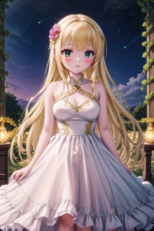 Yumina standing in a magical floating garden. The garden is suspended in the air, with flowers and vines floating around it in zero gravity. She wears a long, flowing dress with intricate gold embroidery and her golden hair shines with a soft ethereal light. Her heterochromatic eyes (one blue, one green) glow with magical energy and she is surrounded by glowing particles of light. The surrounding sky is a vibrant mix of pinks, blues and purples, with distant stars visible in the background. Runes and magical symbols float around her, and the entire scene has a surreal, dreamlike quality.