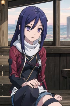 Tsubaki,Masterpiece. UHD, 8K, 1 woman, solo, dark purple hair with red camellia hairpin, wearing Western clothing: a jacket, shorts, and knee socks, with her scarf still wrapped around her neck, sitting casually on a park bench, watching people pass by, the sun setting in the background, soft breeze moving her hair, relaxed and calm expression, photorealistic, high detail.