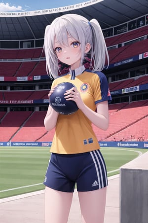 Masterpiece. UHD, 8K, 1 woman, solo, long white hair tied in twin tails, golden eyes, wearing the yellow Colombia national football team jersey, blue shorts, standing with a soft smile, holding a soccer ball in one hand, her long hair flowing gently, outdoors, bright sunlight, stadium background, vibrant and energetic atmosphere, acrylic painting.