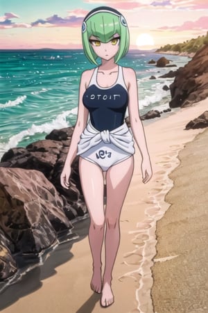 Francesca,Masterpiece. UHD, 8K, 1 gynoid, solo, short jade-green hair, white skin, golden eyes, walking barefoot along the shore, wearing a stylish black one-piece swimsuit with white accents, pinkish ribbon tied around her waist, gentle waves lapping at her feet, golden sunset casting a warm glow on her, footprints trailing behind her in the wet sand, holding her sandals in one hand, peaceful and calm atmosphere, seagulls flying in the distance, high detail, photorealistic.