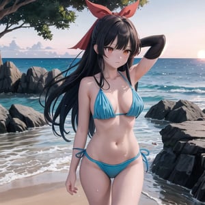 Yae walking along the shoreline: "Anime-style image of Yae strolling barefoot along the shoreline at dawn, her blue bikini contrasting with the soft pink and orange sky. Her long black hair is tied with a red ribbon, fluttering behind her in the morning breeze. Gentle waves lap at her feet as she leaves footprints in the wet sand, and the tranquil sea stretches out to the horizon. UHD, 8K.