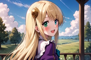 score_9, score_8_up, score_7_up, score_6_up, score_5_up, score_4_up, source_anime, wallpaper, BREAK yumina, 1girl, solo, upper body, from behind, back, portrait, looking at viewer, blonde hair, long hair, hair ornament, bangs, heterochromia, green eyes, blue eyes, embarrased, smile, open mouth, blush, frills, shirt, white shirt, blue ribbon, brooch, striped clothes, center frills, buttons, jacket, cropped jacket, purple jacket, puffy sleeves, long sleeves, outdoors, meadow, tree, blue sky, cloud,