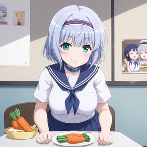 Linze, the anime girl with short, silver-blue hair and emerald green eyes, is having lunch in the school cafeteria. She is wearing her school uniform: a white blouse with a navy blue collar and a navy blue pleated skirt. Linze is seated at a cafeteria table, enjoying a meal of rice, vegetables, and a side of miso soup. The cafeteria has rows of tables with students eating and chatting, and the walls are adorned with school posters.