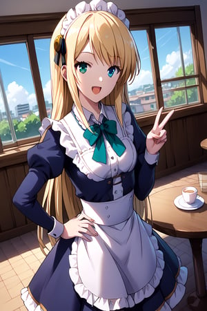 score_9, score_8_up, score_7_up, score_6_up, score_5_up, score_4_up, source_anime, BREAK yumina, 1girl, solo, standing, hand on own hip, v, looking at viewer, blonde hair, long hair, bangs, heterochromia, green eyes, blue eyes, smile, open mouth, maid, maid dress, collared dress, striped clothes, maid headdress, frills, hair ribbon, apron, waist apron, puffy sleeves, long sleeves, neck ribbon, cowboy shot, dutch angle, indoors, cafe, day, table, window, 