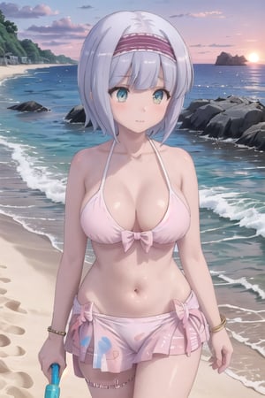 Masterpiece. UHD, 8K, anime style, Linze walking along the beach at sunset. The sky is painted with warm hues of orange and pink as the sun dips below the horizon. Her short hair gently sways in the breeze, and she's wearing a simple yet elegant bikini that complements her figure. Her large bust and curvy figure are highlighted as she walks barefoot on the sand, with the soft waves brushing against her feet. A peaceful, serene expression on her face as the glowing sunlight reflects off her skin."