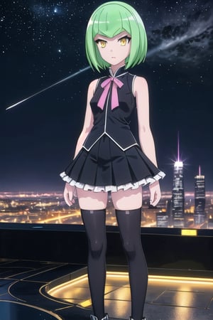 Francesca,Masterpiece. UHD, 8K, 1 gynoid, solo, short jade-green hair, white skin, golden eyes, sleeveless black jacket with a pinkish ribbon, black skirt with white frills, high-knee white socks and black enamel shoes, standing on the edge of a skyscraper rooftop, the night city glowing below, wind blowing through her hair, her golden eyes reflecting the city lights, serious and contemplative expression, stars visible in the sky above, photorealistic, high detail.