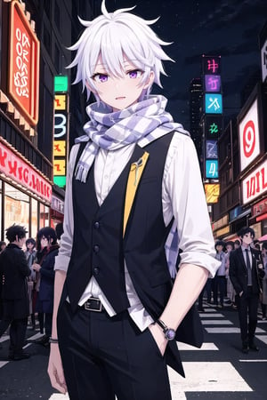 Masterpiece. UHD, 8K, anime style, Ende, a handsome young man with white hair, walking through a bustling city at night. His checkered shirt under a fitted vest and scarf flow slightly in the cool breeze. Neon signs reflect in his violet eyes, giving them a vibrant glow. The streets are busy with people and cars, and the city lights cast a colorful, lively atmosphere. Ende has his hands in his pockets, a calm but focused expression on his face as he moves through the crowd. The shadows and lights play beautifully on his white hair.