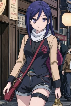 Tsubaki,Masterpiece. UHD, 8K, 1 woman, solo, dark purple hair, red camellia hairpin, wearing Western clothing: jacket, shorts, knee socks, and scarf, walking along a busy city street, holding shopping bags in her hands, smiling softly, the bright city lights reflecting in her eyes, her hair gently blowing in the wind, photorealistic, high detail.