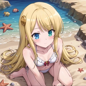 Yumina is kneeling on the sandy floor of the coral reef, her silvery-yellow hair flowing around her in the gentle current. She is wearing a white bikini, and her eyes—one blue, one golden—are focused intently on a bright red starfish lying among the corals. Yumina carefully picks up the starfish, cradling it in her hands as she examines it closely. Her expression is one of gentle fascination, and she smiles as she observes the starfish’s unique shape and texture.