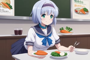 Linze, the anime girl with short, silver-blue hair and emerald green eyes, is having lunch in the school cafeteria. She is wearing her school uniform: a white blouse with a navy blue collar and a navy blue pleated skirt. Linze is seated at a cafeteria table, enjoying a meal of rice, vegetables, and a side of miso soup. The cafeteria has rows of tables with students eating and chatting, and the walls are adorned with school posters.