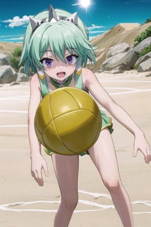 Lucia,Masterpiece. UHD, 8K, anime style, Lucia mid-jump, hitting a volleyball in a friendly beach game. Her short hair tied back with the two long strands falling forward, wearing a sporty pink bikini. Her toned arms reaching out as she makes contact with the ball, sand flying beneath her feet. Background of clear blue skies, beach volleyball net, and cheering friends. Lucia’s expression is focused and determined, muscles slightly tense, warm sunlight shining down on the scene.