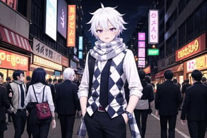 Masterpiece. UHD, 8K, anime style, Ende, a handsome young man with white hair, walking through a bustling city at night. His checkered shirt under a fitted vest and scarf flow slightly in the cool breeze. Neon signs reflect in his violet eyes, giving them a vibrant glow. The streets are busy with people and cars, and the city lights cast a colorful, lively atmosphere. Ende has his hands in his pockets, a calm but focused expression on his face as he moves through the crowd. The shadows and lights play beautifully on his white hair.