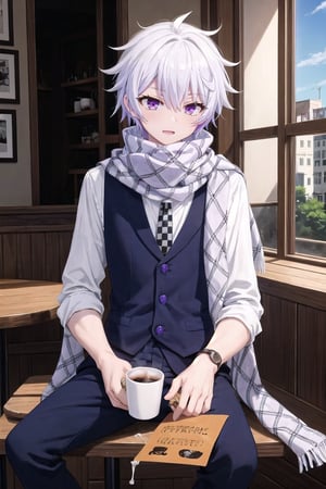 Masterpiece. UHD, 8K, anime style, Ende, a young man with white hair and violet eyes, sitting at a cozy café. He’s wearing his checkered shirt under a vest and scarf, holding a cup of coffee with both hands. The warm light from the café interior gives the scene a comfortable, relaxed feel. Outside the window, the streets are busy, but Ende seems lost in thought, with a peaceful expression on his face as he sips his coffee.