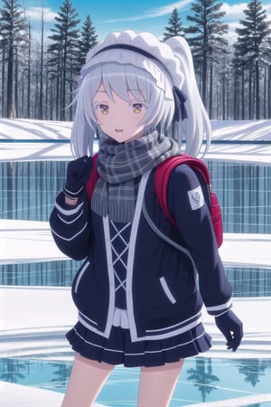 Generate a 3D image of Leen ice skating on a frozen lake. She is wearing a warm winter jacket, scarf, gloves, and a cute beanie, with her silver-gray hair peeking out. Her teddy bear, Paula, is tucked in her backpack, peeking out as well. Leen is gracefully gliding on the ice, her violet eyes sparkling with joy. Snowy trees surround the frozen lake, and the sky is a crisp, clear blue, creating a magical winter wonderland scene.