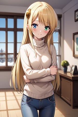 score_9, score_8_up, score_7_up, score_6_up, score_5_up, score_4_up, source_anime, BREAK yumina, 1girl, solo, standing, grabbing own arm, looking at viewer, blonde hair, long hair, bangs, heterochromia, green eyes, blue eyes, smile, closed mouth, blush, turtleneck sweater, long sleeves, denim pants, cowboy shot, indoors, day, winter, beautiful blurred background,