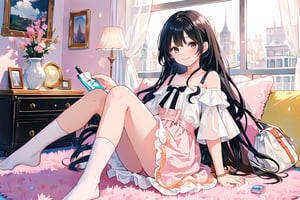 masterpiece, best quality, high quality, extremely detailed CG unity 8k wallpaper, extremely detailed, High Detail, vibrant colors, backlight, photo background, 

(1girl, solo), long hair, looking at viewer, smile, black hair, dress, sitting, socks, bag, white dress, white socks, handbag, 

A woman wearing a white off-shoulder top and white short skirt, holding a light pink handbag, sitting on a transparent chair, Background has pink elements and an orange fluffy carpet, The scene is soft and girly,