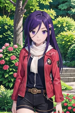 Tsubaki,Masterpiece. UHD, 8K, 1 woman, solo, dark purple hair with red camellia hairpin, wearing Western clothing: jacket, shorts, knee socks, and scarf, walking through a quiet park path, her hands in her pockets, a soft smile on her face, surrounded by greenery and flowers, the sun shining brightly, gentle breeze ruffling her hair and clothes, photorealistic, high detail.