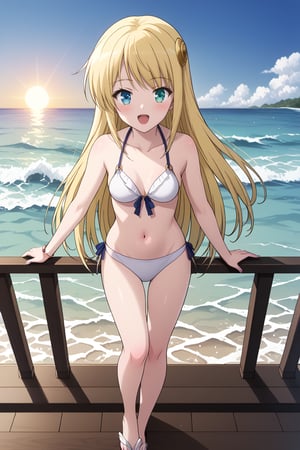 Yumina is standing on the deck of a large yacht, wearing a stylish white bikini. Her silvery-yellow hair is blowing gently in the sea breeze, and her heterochromatic eyes—one blue and one gold—shine with excitement as she looks out at the open ocean. The sun is high in the sky, casting a warm glow on her skin. Yumina holds onto the railing, feeling the gentle sway of the boat beneath her feet, and the sound of waves crashing against the hull creates a soothing background noise.