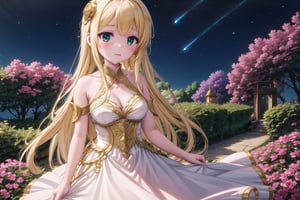 Yumina standing in a magical floating garden. The garden is suspended in the air, with flowers and vines floating around it in zero gravity. She wears a long, flowing dress with intricate gold embroidery and her golden hair shines with a soft ethereal light. Her heterochromatic eyes (one blue, one green) glow with magical energy and she is surrounded by glowing particles of light. The surrounding sky is a vibrant mix of pinks, blues and purples, with distant stars visible in the background. Runes and magical symbols float around her, and the entire scene has a surreal, dreamlike quality.