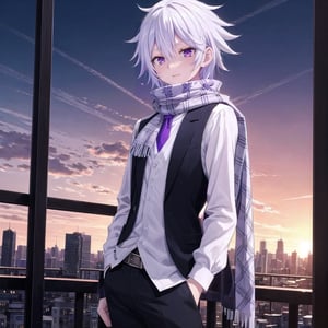 Masterpiece. UHD, 8K, anime style, Ende, a handsome young man with white hair, standing confidently. He’s wearing a checkered shirt under a fitted vest, with a long scarf wrapped around his neck. His striking violet eyes give a deep, mysterious look. The sunlight highlights his white hair as it gently falls around his face. The background is a cityscape at sunset, casting warm tones of orange and purple across the scene. His posture is relaxed, hands in his pockets, with a calm expression on his face, high-quality detail on his clothing, and subtle light reflections in his eyes.,(masterpiece),scenery