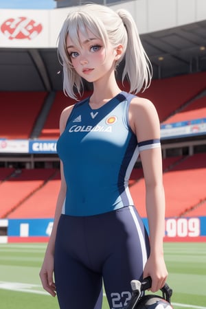 Masterpiece. UHD, 8K, 1 woman, solo, long white hair tied in twin tails, golden eyes, wearing the yellow Colombia football jersey, casual outfit: blue shorts, standing with a soft smile, holding a soccer ball in one hand, her long hair flowing gently, outdoors, bright sunlight, stadium background, energetic and vibrant atmosphere, acrylic painting.