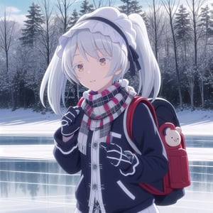 Generate a 3D image of Leen ice skating on a frozen lake. She is wearing a warm winter jacket, scarf, gloves, and a cute beanie, with her silver-gray hair peeking out. Her teddy bear, Paula, is tucked in her backpack, peeking out as well. Leen is gracefully gliding on the ice, her violet eyes sparkling with joy. Snowy trees surround the frozen lake, and the sky is a crisp, clear blue, creating a magical winter wonderland scene.