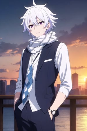 Masterpiece. UHD, 8K, anime style, Ende, a handsome young man with white hair, standing confidently. He’s wearing a checkered shirt under a fitted vest, with a long scarf wrapped around his neck. His striking violet eyes give a deep, mysterious look. The sunlight highlights his white hair as it gently falls around his face. The background is a cityscape at sunset, casting warm tones of orange and purple across the scene. His posture is relaxed, hands in his pockets, with a calm expression on his face, high-quality detail on his clothing, and subtle light reflections in his eyes.,(masterpiece),scenery