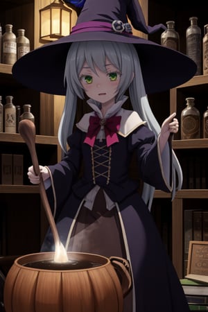 In a dimly lit room filled with mysterious books, old scrolls, and bubbling potions, Leen, in a dark witch outfit, stands over a cauldron. Green smoke rises from the cauldron as she stirs it with a long wooden spoon. Her witch hat casts a shadow over her face, but her eyes glow with excitement. The shelves behind her are lined with potion bottles, skulls, and magical artifacts, creating a spooky and mystical atmosphere.