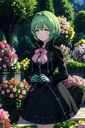 Francesca,Masterpiece. UHD, 8K, 1 gynoid, solo, short jade-green hair, white skin, golden eyes, wearing a sleeveless black jacket with a large pinkish ribbon, black skirt with white frills, high-knee white socks and black enamel shoes, carefully tending to a flower garden, gently watering vibrant flowers, her golden eyes focused on the plants, soft sunlight illuminating the colorful blooms, her hands delicately holding a small watering can, peaceful and serene atmosphere, lush greenery surrounding her, photorealistic, high detail.,(masterpiece),scenery