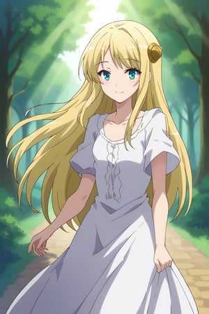 Masterpiece. UHD, 8K, 1 woman, solo, long pale blonde hair, blue eyes, tall and elegant figure, walking through a peaceful forest, wearing a flowing white dress, sunlight filtering through the trees, soft smile, calm and serene atmosphere, her hair catching the light, leaves gently falling around her, nature in harmony, subtle breeze, pastel colors, soft lighting, acrylic painting.
