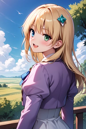 score_9, score_8_up, score_7_up, score_6_up, score_5_up, score_4_up, source_anime, wallpaper, BREAK yumina, 1girl, solo, upper body, from behind, back, portrait, looking at viewer, blonde hair, long hair, hair ornament, bangs, heterochromia, green eyes, blue eyes, embarrased, smile, open mouth, blush, frills, shirt, white shirt, blue ribbon, brooch, striped clothes, center frills, buttons, jacket, cropped jacket, purple jacket, puffy sleeves, long sleeves, outdoors, meadow, tree, blue sky, cloud,