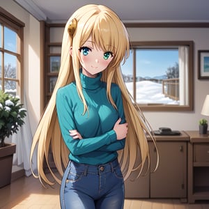 score_9, score_8_up, score_7_up, score_6_up, score_5_up, score_4_up, source_anime, BREAK yumina, 1girl, solo, standing, grabbing own arm, looking at viewer, blonde hair, long hair, bangs, heterochromia, green eyes, blue eyes, smile, closed mouth, blush, turtleneck sweater, long sleeves, denim pants, cowboy shot, indoors, day, winter, beautiful blurred background,