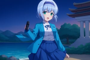 Linze, the anime girl with short, silver-blue hair and emerald green eyes, is on a school trip to a historical site. She is wearing casual travel attire: a white blouse with a light blue jacket and a navy blue skirt. Linze is taking photos with a camera, standing in front of a traditional Japanese temple or historic landmark. The scene includes other students and the cultural site, with clear skies and a pleasant atmosphere.
