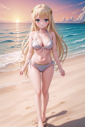 Masterpiece. UHD, 8K, anime style, Yumina, a beautiful girl with long, flowing platinum blonde hair, walking along the beach at sunset. Her mismatched eyes—one a brilliant blue, the other a striking green—reflect the warm, golden glow of the setting sun. She’s wearing a delicate bikini that contrasts against her fair skin, her hair gently swaying in the sea breeze. The soft light of the evening bathes the scene in warm hues, and the calm ocean waves touch her feet, leaving behind footprints in the wet sand.,(masterpiece),scenery