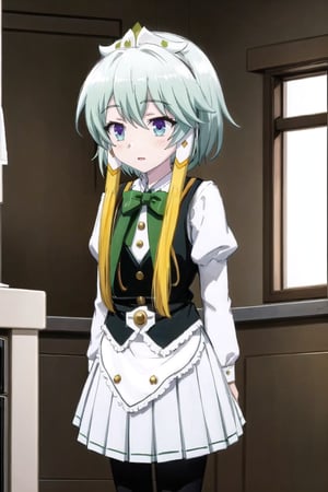 Lucia,Masterpiece. UHD, 8K, anime style, Lucia standing in a modern kitchen, viewed from behind. Her short silver hair, with two long strands reaching her chest, is gently swaying as she works. She’s wearing a white apron over her indigo vest and white shirt, and a pleated skirt, with black tights and short white boots. The kitchen is bright and filled with natural sunlight from a large window. Steam rises from a pot on the stove as Lucia stirs it, her graceful posture and the calm, cozy atmosphere emphasized by the soft light.