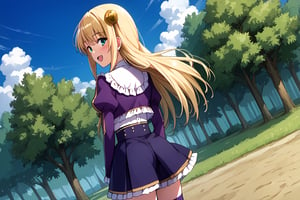 score_9, score_8_up, score_7_up, score_6_up, score_5_up, score_4_up, source_anime, wallpaper, BREAK yumina, 1girl, solo, cowboy shot, from behind, back, dutch angle, portrait, looking at viewer, blonde hair, long hair, hair ornament, bangs, heterochromia, green eyes, blue eyes, embarrased, smile, open mouth, blush, frills, striped clothes, jacket, cropped jacket, purple jacket, puffy sleeves, long sleeves, shirt, skirt, high-waist skirt, pleated skirt, purple skirt, purple thighhighs, zettai ryouiki, outdoors, meadow, tree, blue sky, cloud,