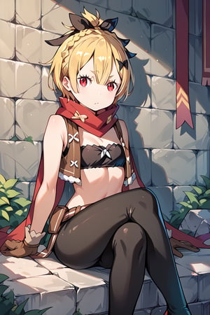 , felt, blonde hair, red eyes, gloves, red scarf, bandeau, black leggings, brown gloves, hair bow, sitting, stone wall. legs crossed, facing viewer, re:zero, (score_9,score_8_up,score_7_up)