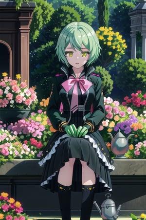 Francesca,Masterpiece. UHD, 8K, 1 gynoid, solo, short jade-green hair, white skin, golden eyes, wearing a sleeveless black jacket with a large pinkish ribbon, black skirt with white frills, high-knee white socks and black enamel shoes, carefully tending to a flower garden, gently watering vibrant flowers, her golden eyes focused on the plants, soft sunlight illuminating the colorful blooms, her hands delicately holding a small watering can, peaceful and serene atmosphere, lush greenery surrounding her, photorealistic, high detail.,(masterpiece),scenery