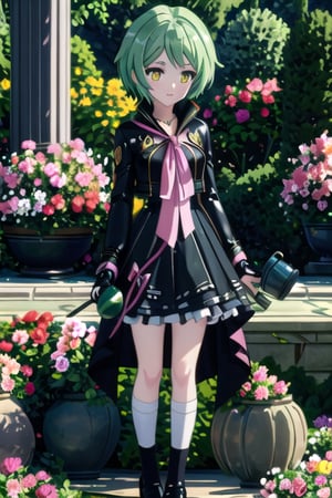 Francesca,Masterpiece. UHD, 8K, 1 gynoid, solo, short jade-green hair, white skin, golden eyes, wearing a sleeveless black jacket with a large pinkish ribbon, black skirt with white frills, high-knee white socks and black enamel shoes, carefully tending to a flower garden, gently watering vibrant flowers, her golden eyes focused on the plants, soft sunlight illuminating the colorful blooms, her hands delicately holding a small watering can, peaceful and serene atmosphere, lush greenery surrounding her, photorealistic, high detail.,(masterpiece),scenery