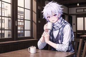 Masterpiece. UHD, 8K, anime style, Ende, a young man with white hair and violet eyes, sitting at a cozy café. He’s wearing his checkered shirt under a vest and scarf, holding a cup of coffee with both hands. The warm light from the café interior gives the scene a comfortable, relaxed feel. Outside the window, the streets are busy, but Ende seems lost in thought, with a peaceful expression on his face as he sips his coffee.